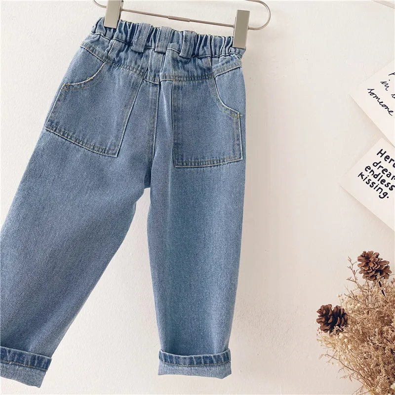 Light blue Korean-style denim children's trousers with elastic waistband for boys and girls