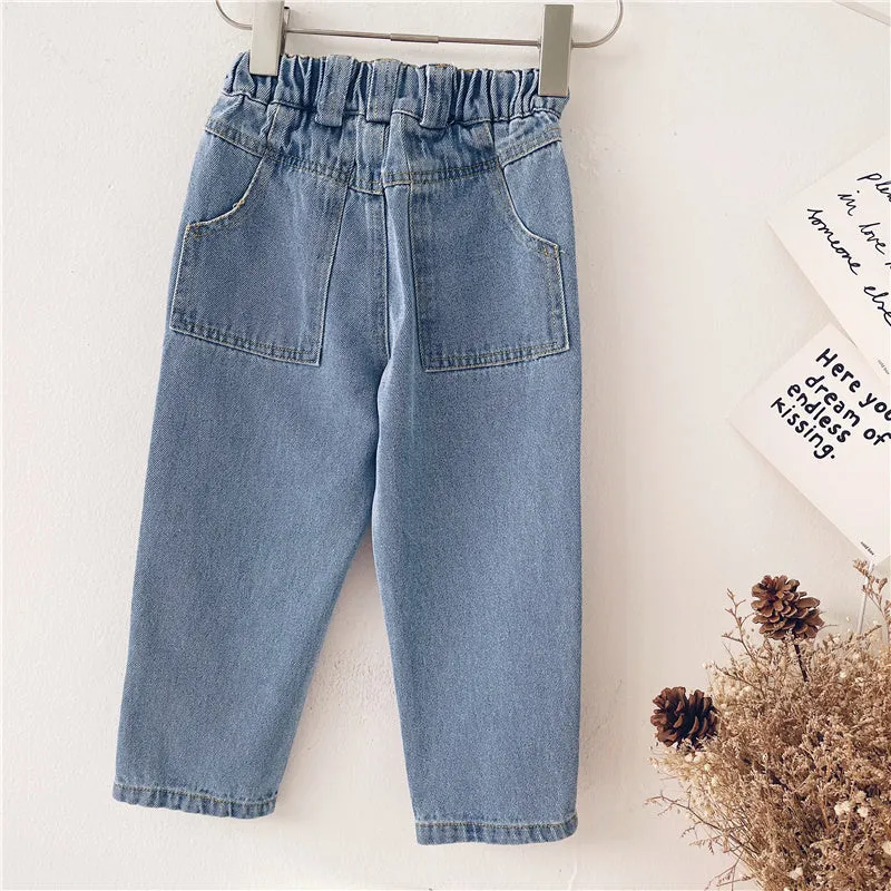 Light blue Korean-style denim children's trousers with elastic waistband for boys and girls