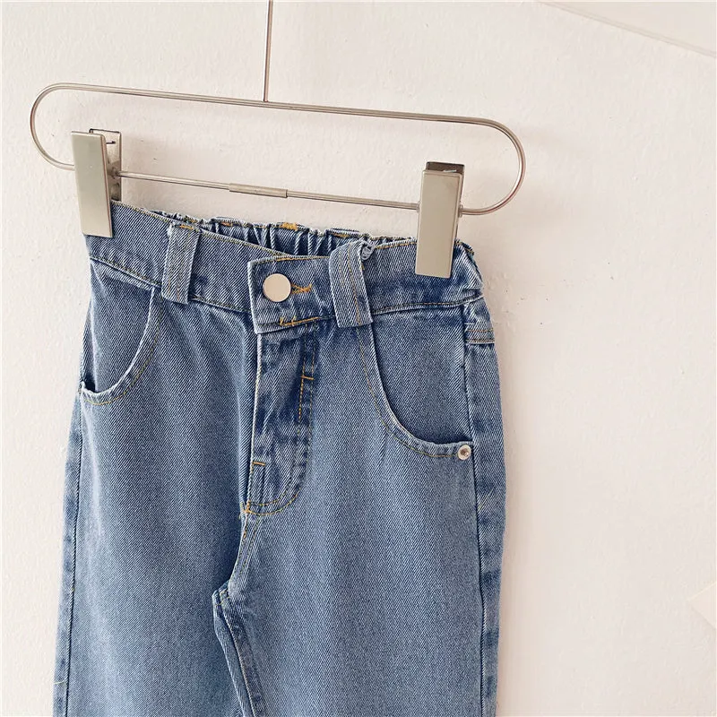 Light blue Korean-style denim children's trousers with elastic waistband for boys and girls