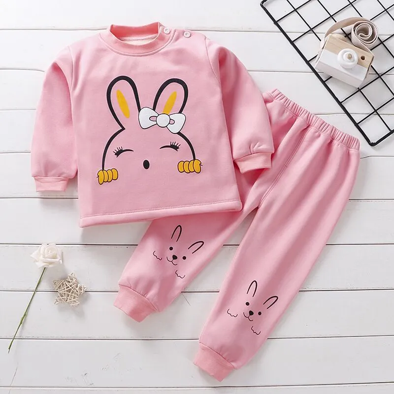 Children's fleece-lined thermal underwear set in coral fleece with cartoon print, suitable for winter autumn spring, sizes 73-130cm