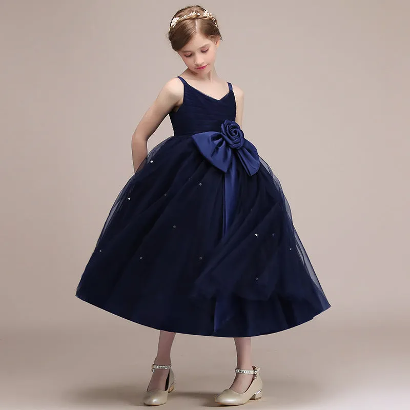 Blue chiffon girls princess dress with flowing skirt suitable for 100-160cm height