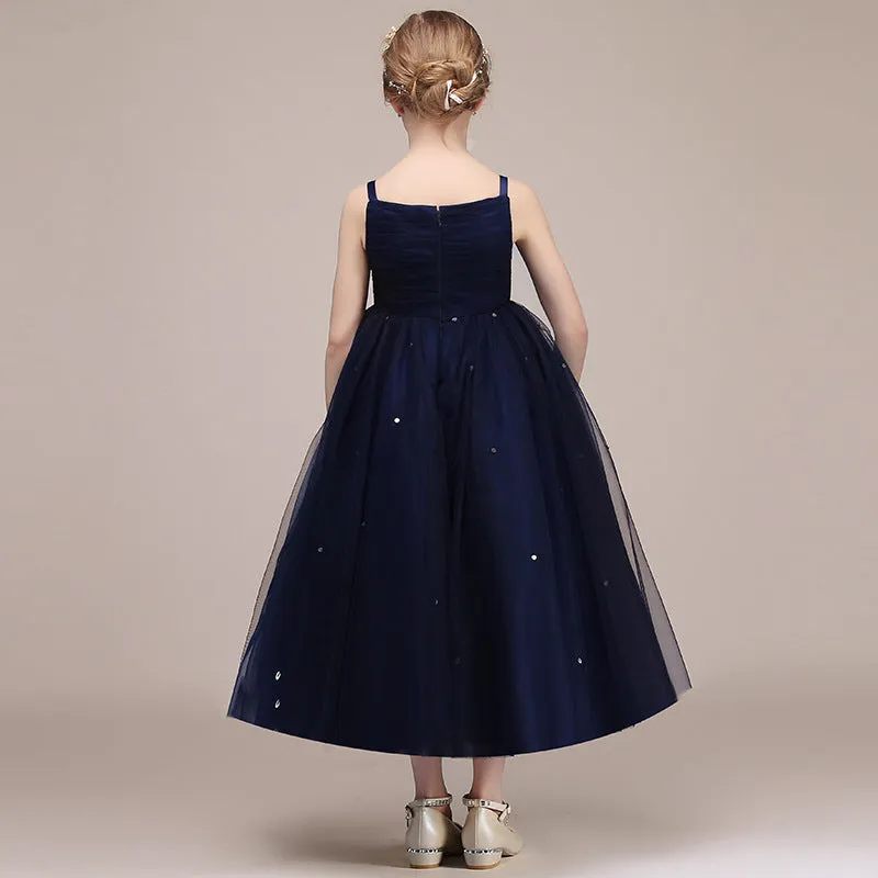 Blue chiffon girls princess dress with flowing skirt suitable for 100-160cm height