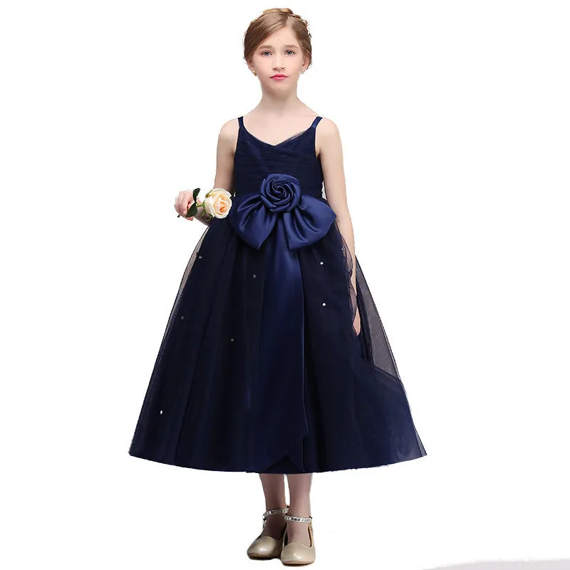 Blue chiffon girls princess dress with flowing skirt suitable for 100-160cm height