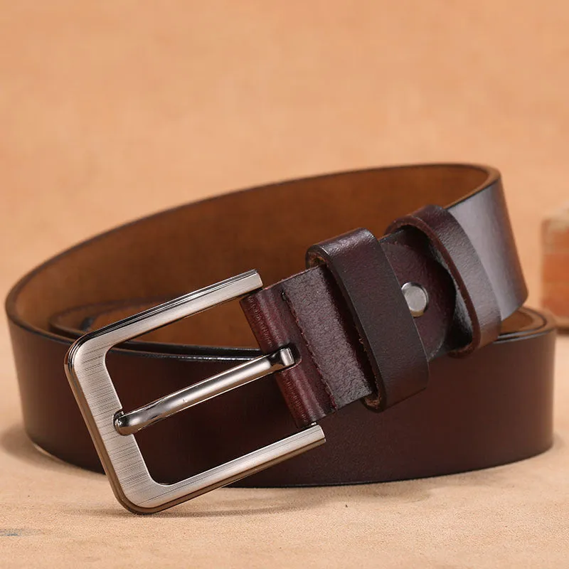 Square head pin buckle casual belt in black or brown, shown with length size options.