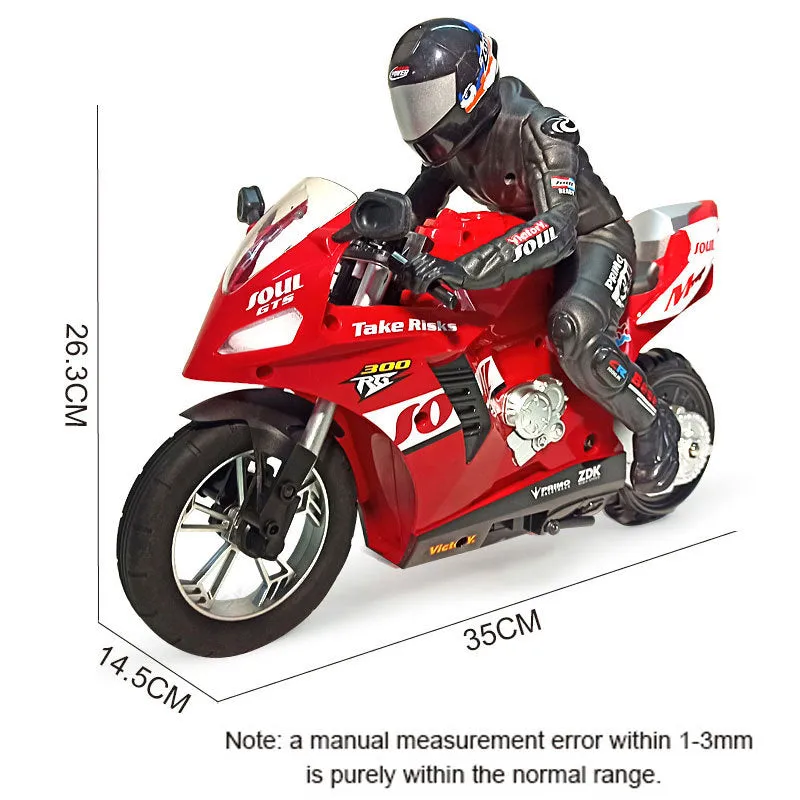 Side-tracking off-road remote control electric motorcycle toy in metallic red with rider