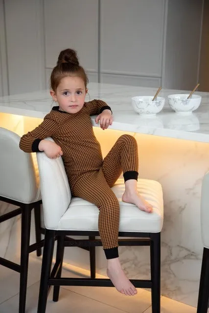 Kids gingham robe and pajamas romper set in black and tan polyester for children