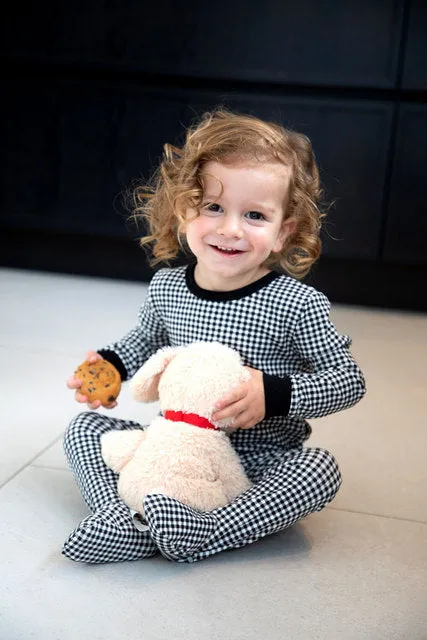 Kids gingham robe and pajamas romper set in black and tan polyester for children
