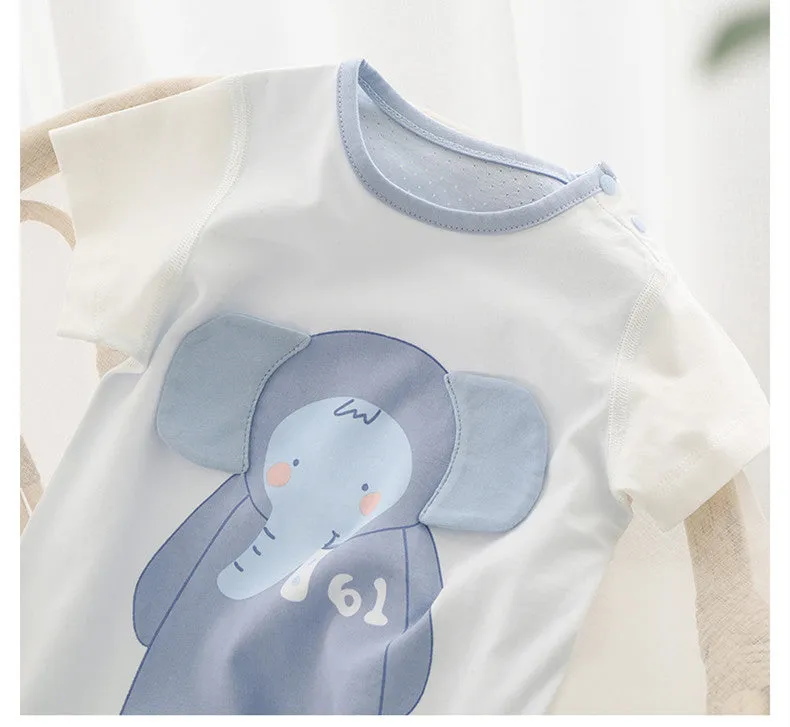 Summer baby onesie in clear water blue with short sleeves and cartoon print