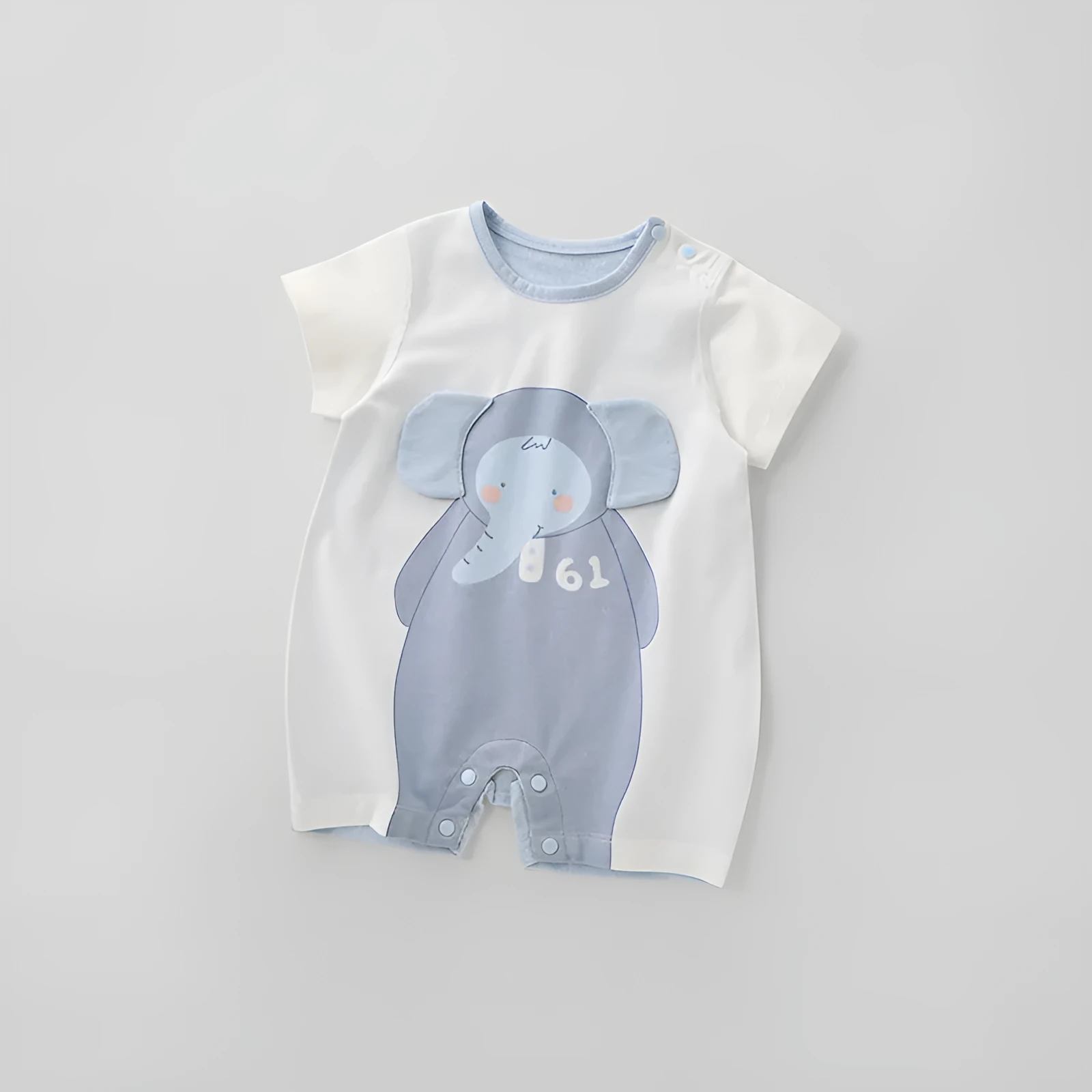 Summer baby onesie in clear water blue with short sleeves and cartoon print