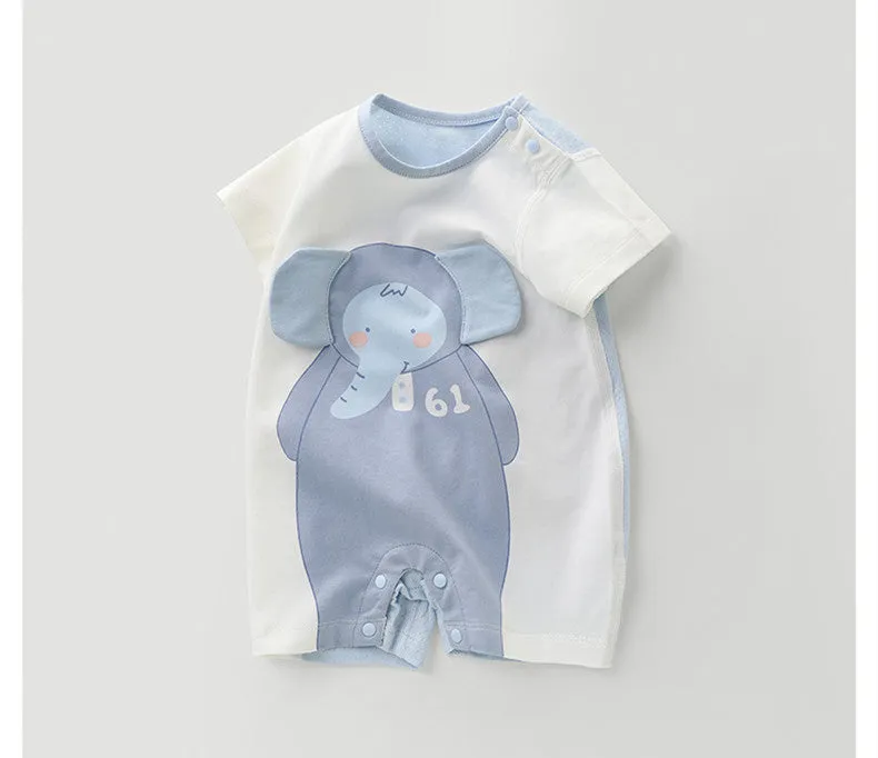Summer baby onesie in clear water blue with short sleeves and cartoon print