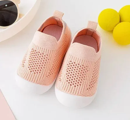 Baby soft sole non-slip walking shoes in fly woven cotton and natural rubber, available in multiple colours and sizes 11.5-15.5cm