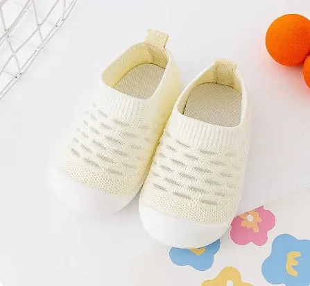 Baby soft sole non-slip walking shoes in fly woven cotton and natural rubber, available in multiple colours and sizes 11.5-15.5cm
