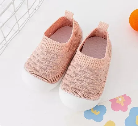 Baby soft sole non-slip walking shoes in fly woven cotton and natural rubber, available in multiple colours and sizes 11.5-15.5cm