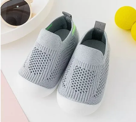 Baby soft sole non-slip walking shoes in fly woven cotton and natural rubber, available in multiple colours and sizes 11.5-15.5cm