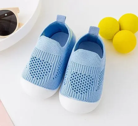 Baby soft sole non-slip walking shoes in fly woven cotton and natural rubber, available in multiple colours and sizes 11.5-15.5cm