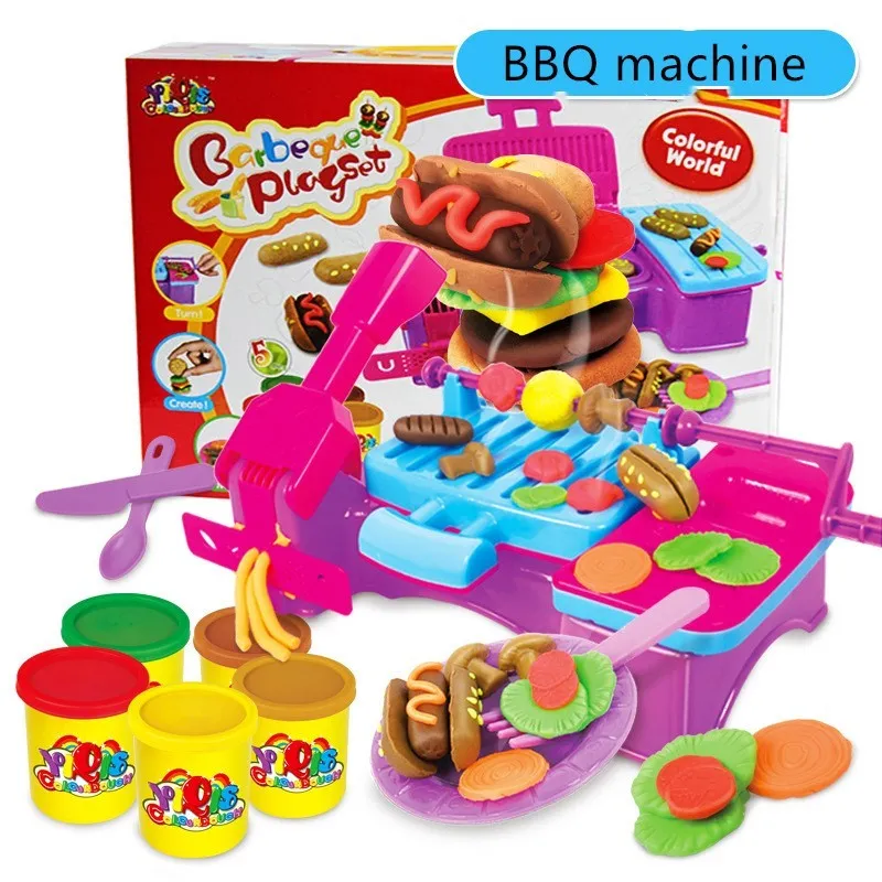 DIY kindergarten educational colour mud play set with four themed boxes including BBQ, burger, ice cream, and hairstylist