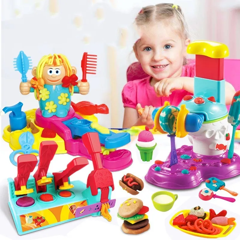DIY kindergarten educational colour mud play set with four themed boxes including BBQ, burger, ice cream, and hairstylist