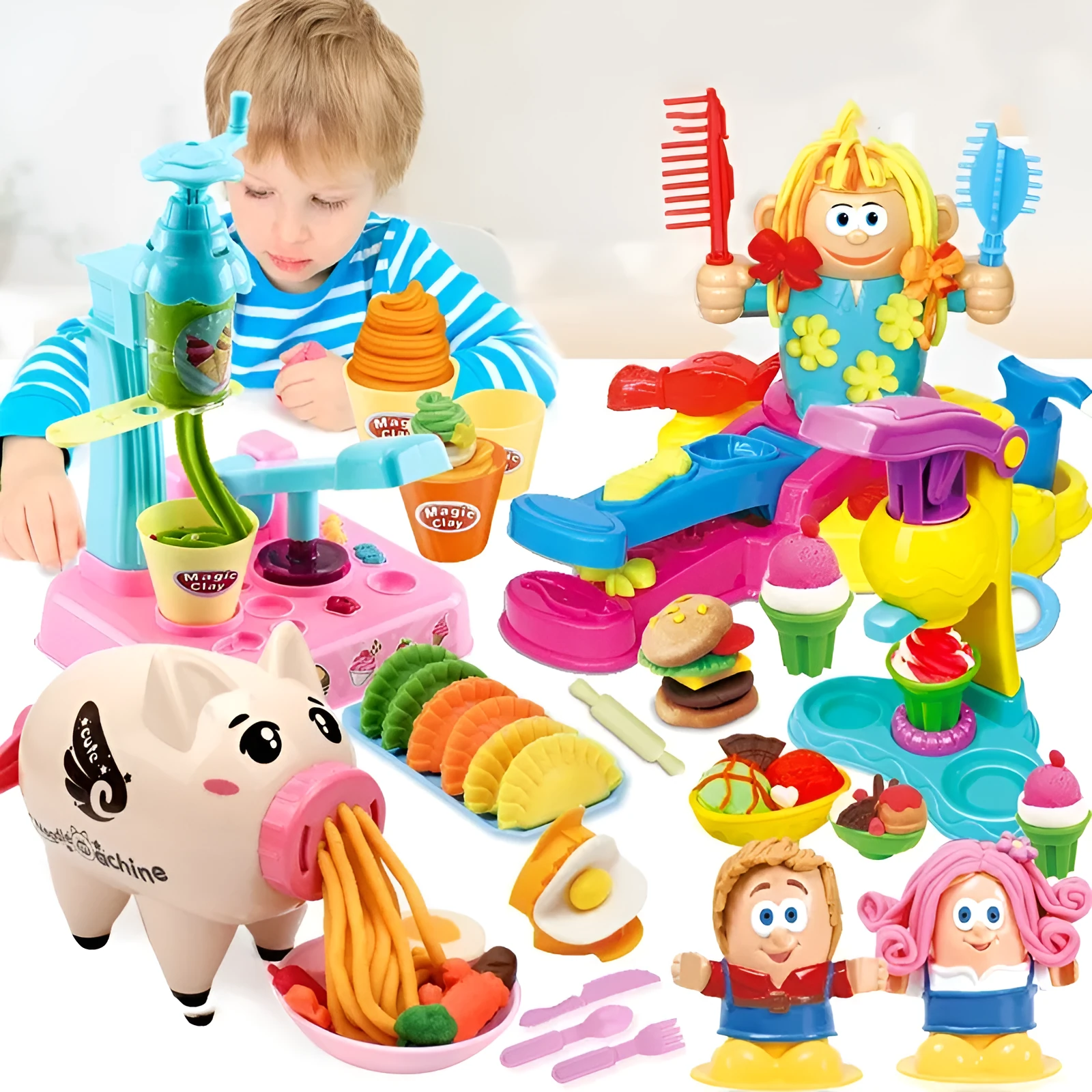 DIY kindergarten educational colour mud play set with four themed boxes including BBQ, burger, ice cream, and hairstylist