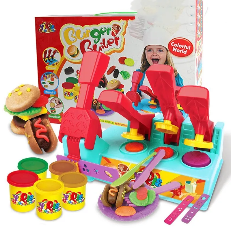 DIY kindergarten educational colour mud play set with four themed boxes including BBQ, burger, ice cream, and hairstylist
