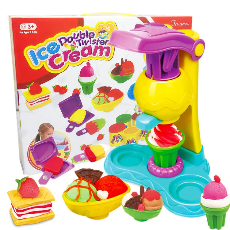 DIY kindergarten educational colour mud play set with four themed boxes including BBQ, burger, ice cream, and hairstylist