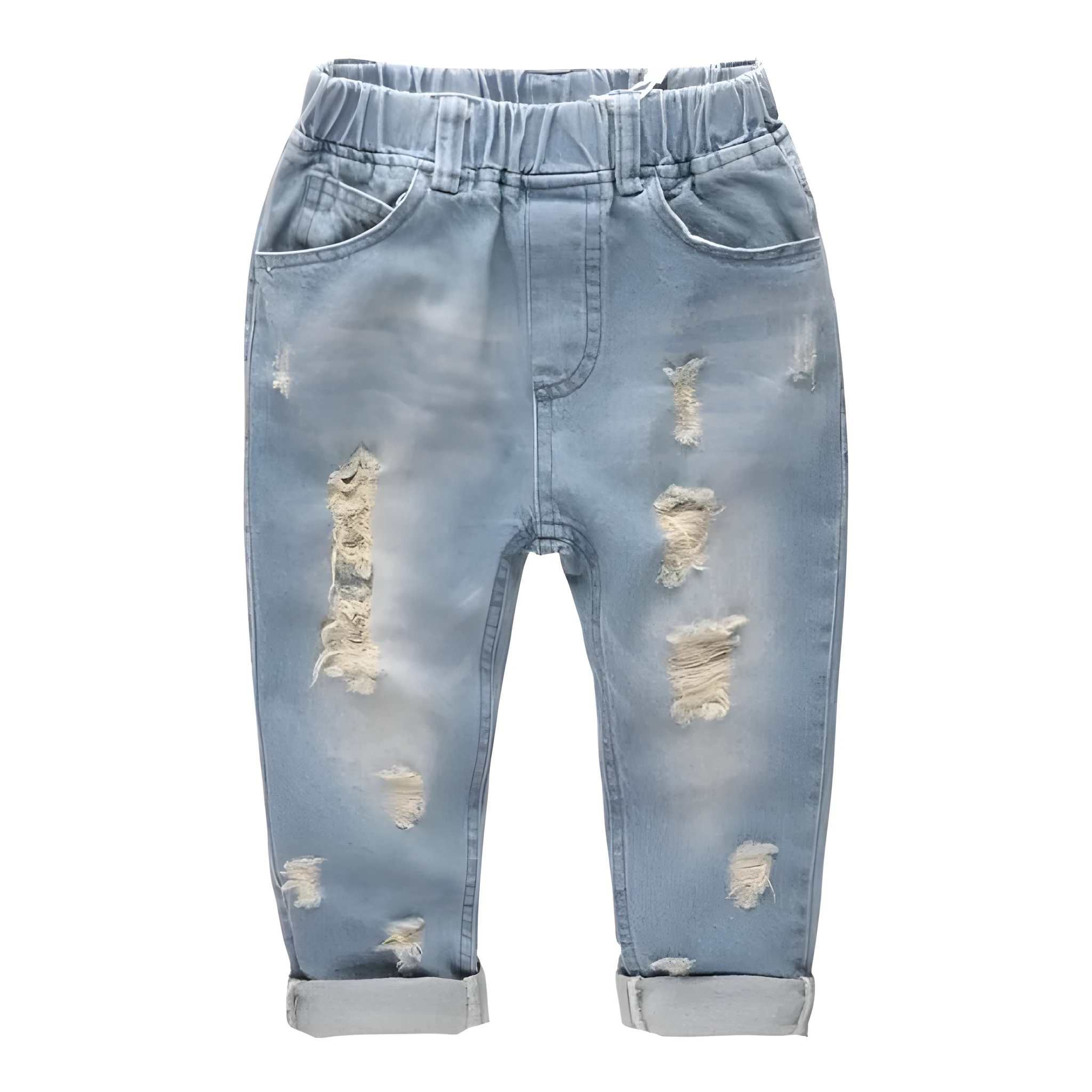 Light blue children's cotton skinny slim jeans laid flat showing slim leg and regular waist