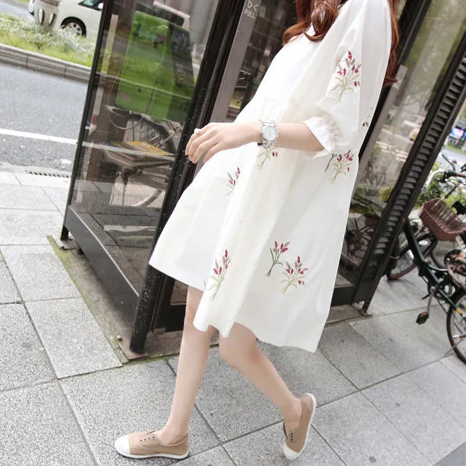 Korean cotton and linen embroidery maternity dress with nursing access, loose fit, sizes M-XXL