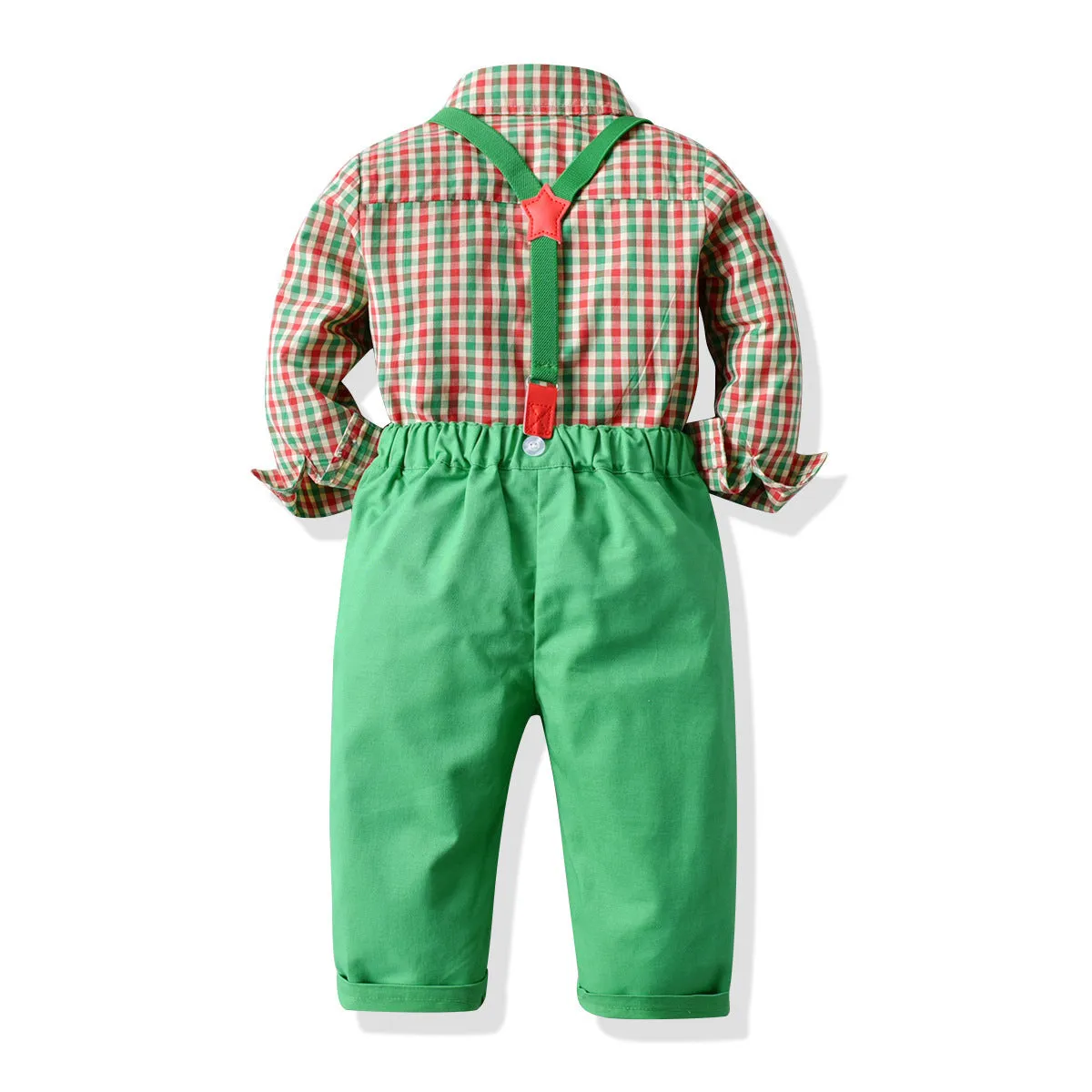 Boys green plaid long-sleeved shirt and overalls set on child model