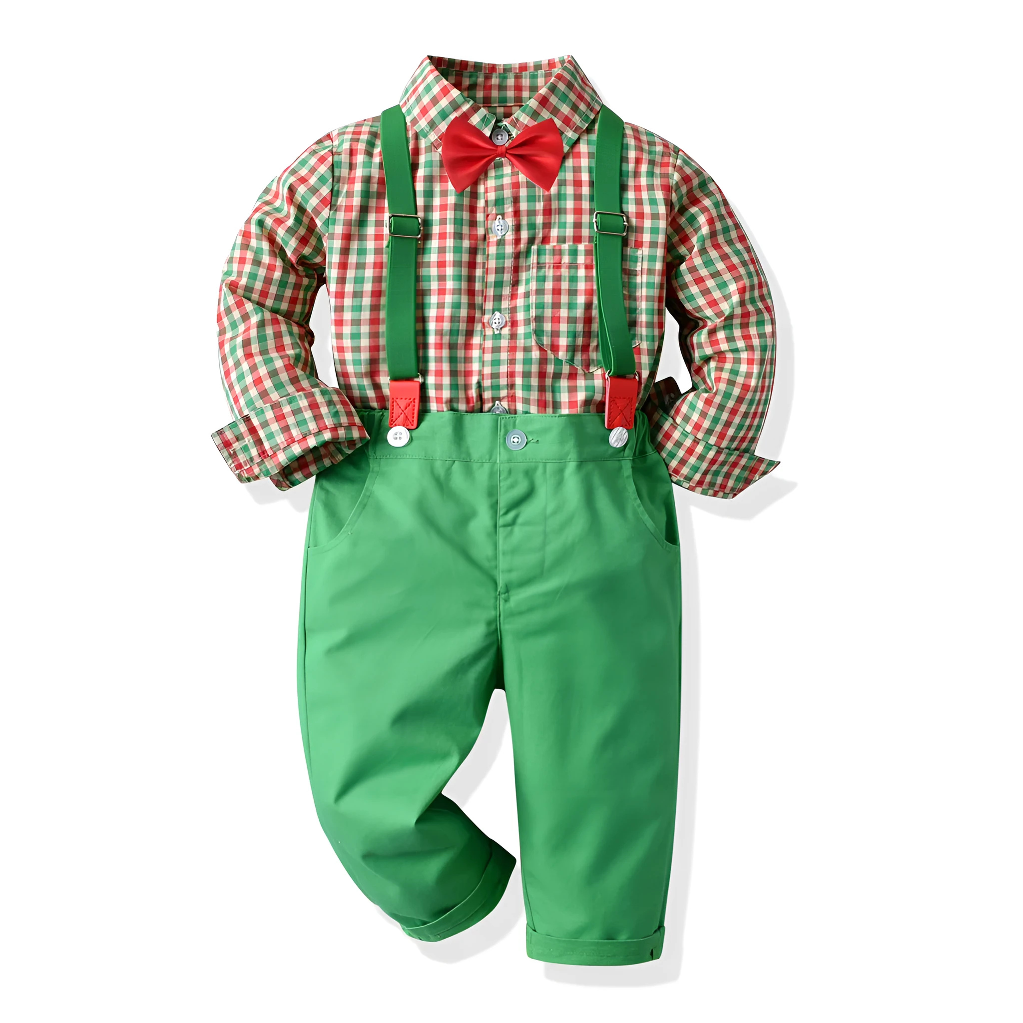 Boys green plaid long-sleeved shirt and overalls set on child model