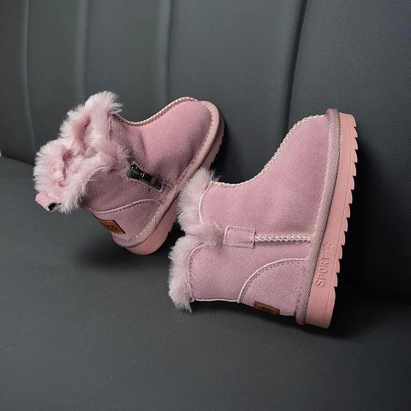 Children snow boots genuine leather wool plush winter shoes for boys girls khaki pink brown sizes 21-30