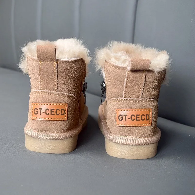 Children snow boots genuine leather wool plush winter shoes for boys girls khaki pink brown sizes 21-30