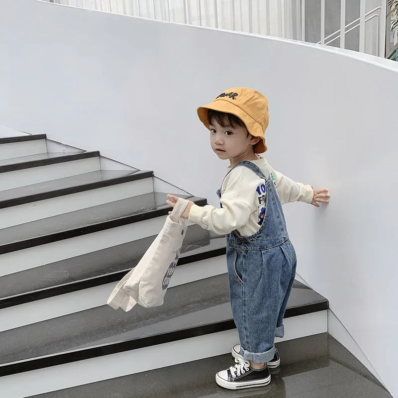 New boys and girls denim overalls Korean style soft treated cotton denim open crotch elastic waist Denim Blue