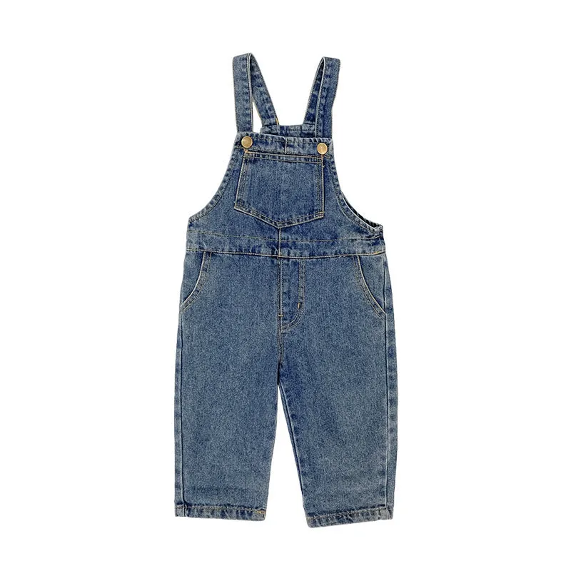 New boys and girls denim overalls Korean style soft treated cotton denim open crotch elastic waist Denim Blue
