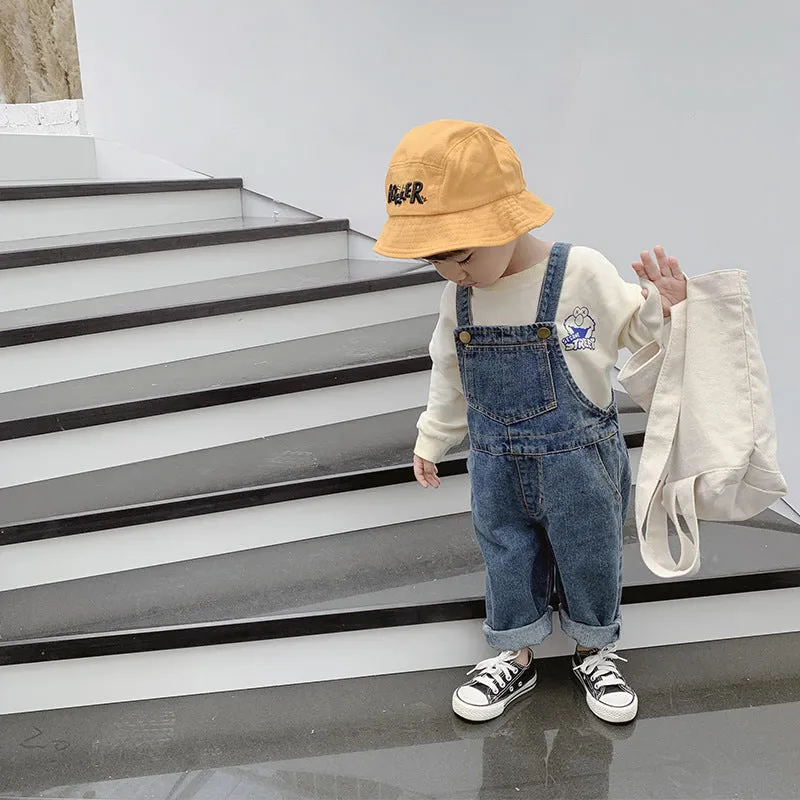 New boys and girls denim overalls Korean style soft treated cotton denim open crotch elastic waist Denim Blue
