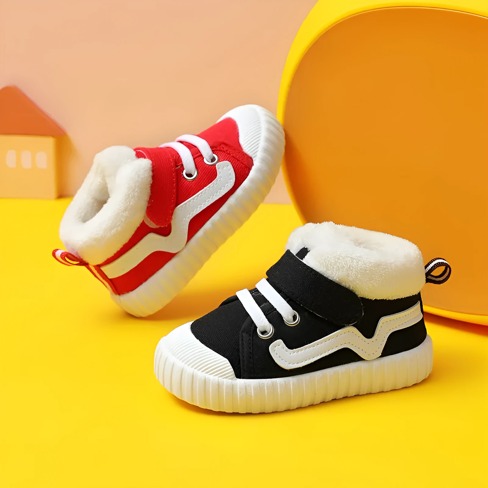 Cotton toddler winter shoes in black with thicker padding and non-slip outsole, side view