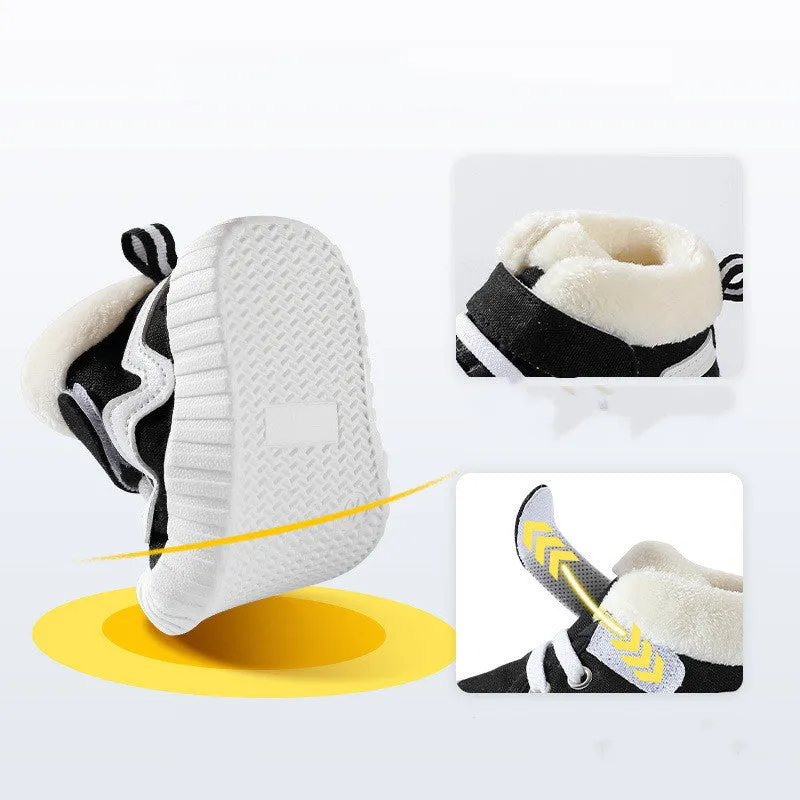 Cotton toddler winter shoes in black with thicker padding and non-slip outsole, side view