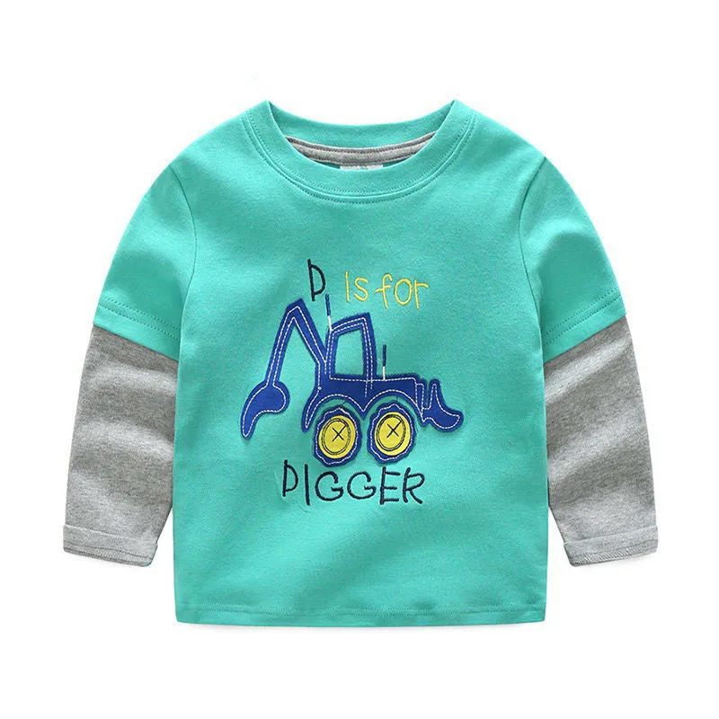 Boys long sleeve cotton t-shirt with cars, trucks, and bus striped pattern, multiple colours