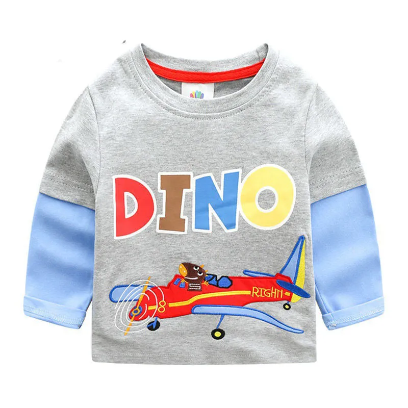Boys long sleeve cotton t-shirt with cars, trucks, and bus striped pattern, multiple colours