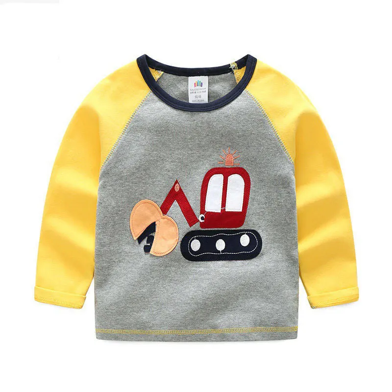 Boys long sleeve cotton t-shirt with cars, trucks, and bus striped pattern, multiple colours