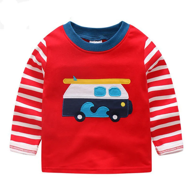 Boys long sleeve cotton t-shirt with cars, trucks, and bus striped pattern, multiple colours