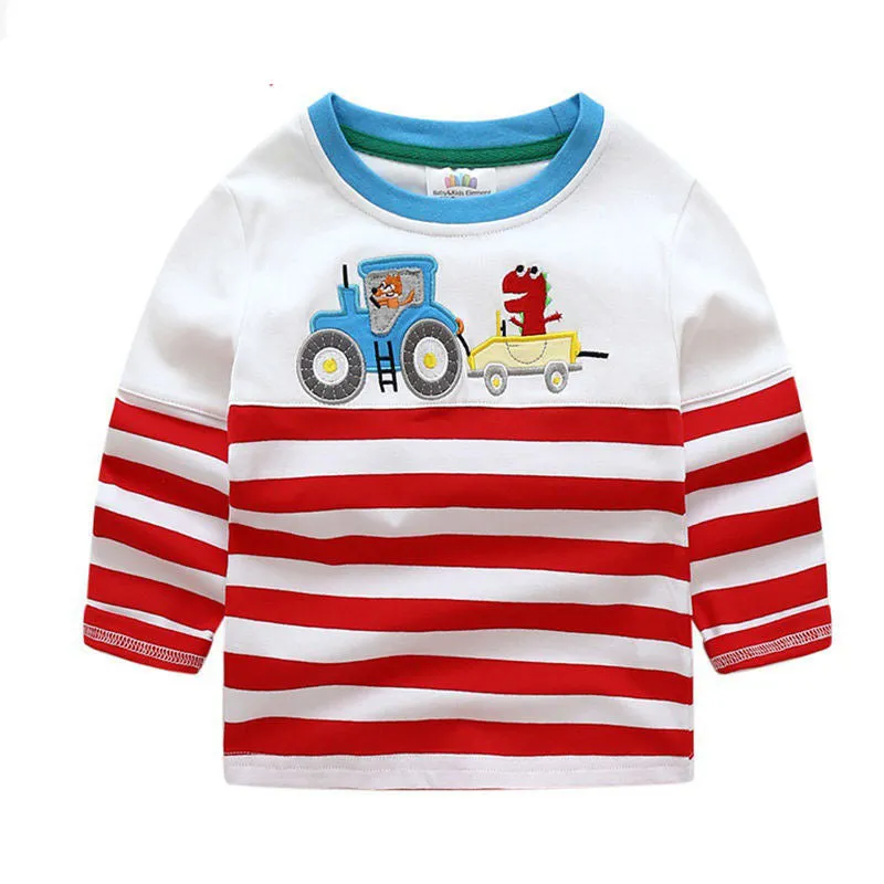 Boys long sleeve cotton t-shirt with cars, trucks, and bus striped pattern, multiple colours