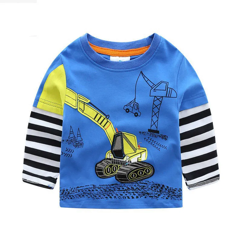 Boys long sleeve cotton t-shirt with cars, trucks, and bus striped pattern, multiple colours