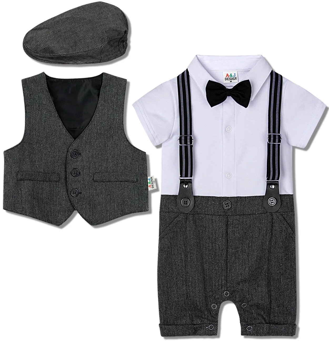 Baby boy one-piece gentleman suit in British style single-breasted cotton polyester blend light grey