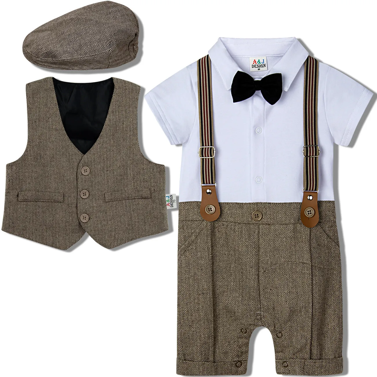 Baby boy one-piece gentleman suit in British style single-breasted cotton polyester blend light grey