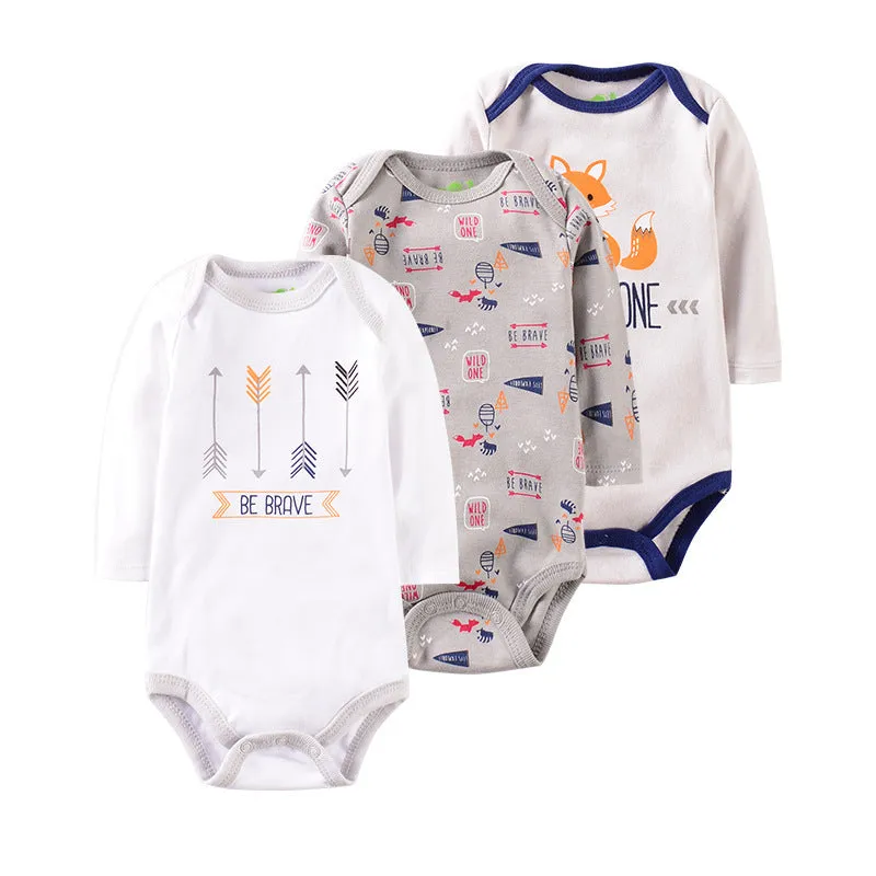 Three-piece baby romper set in 100% cotton, short climb style with concealed buttons, available in pink lipstick, pink elephant, and navy flower