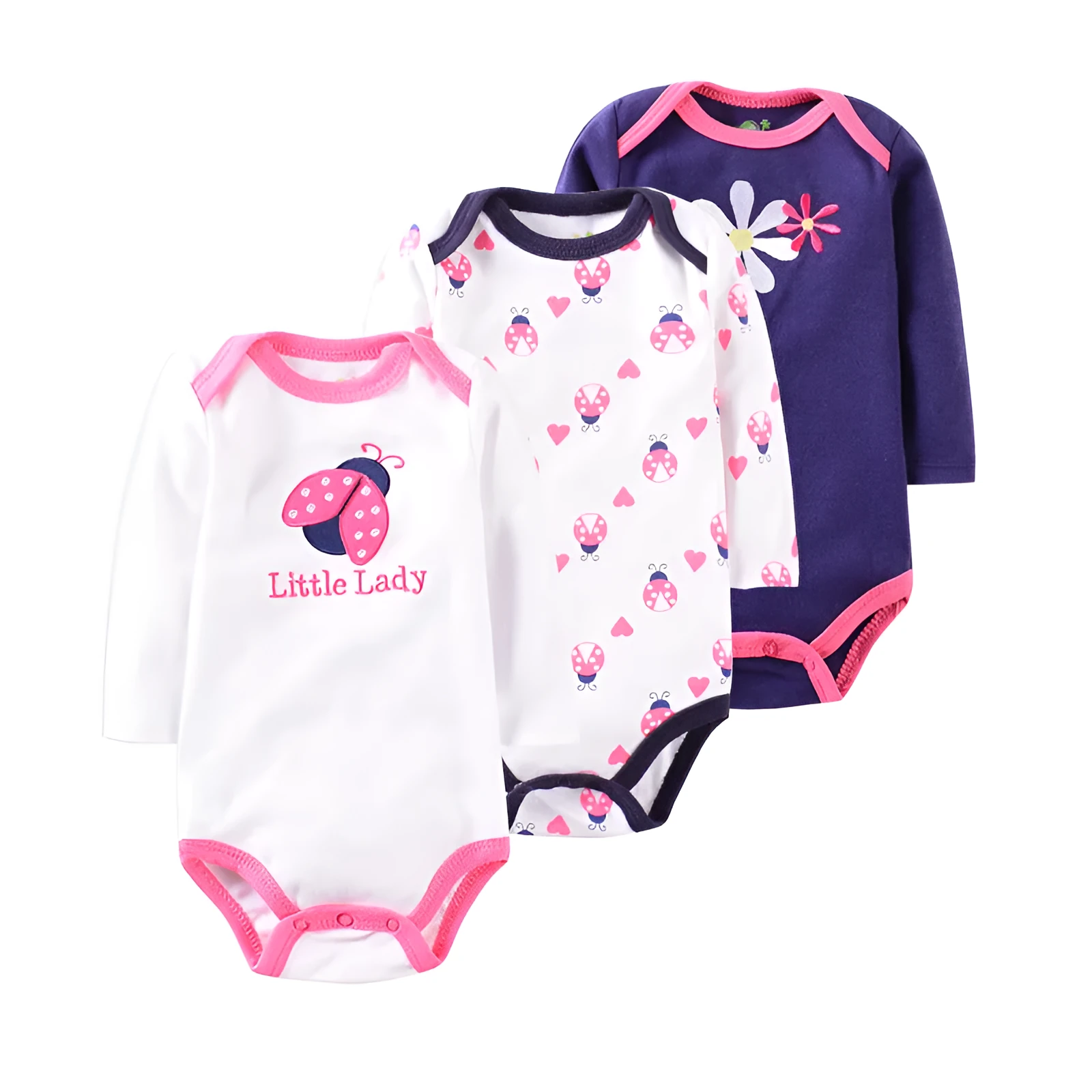 Three-piece baby romper set in 100% cotton, short climb style with concealed buttons, available in pink lipstick, pink elephant, and navy flower