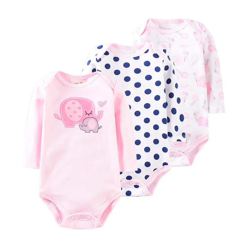 Three-piece baby romper set in 100% cotton, short climb style with concealed buttons, available in pink lipstick, pink elephant, and navy flower