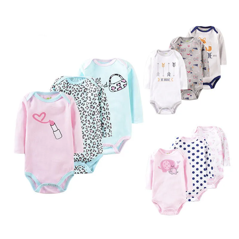 Three-piece baby romper set in 100% cotton, short climb style with concealed buttons, available in pink lipstick, pink elephant, and navy flower