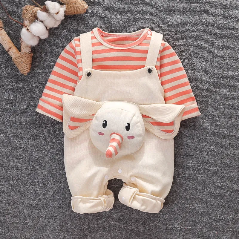 Baby elephant two-piece suit in creamy white with long sleeves, snap button crotch, and round neck design on soft cotton fabric.