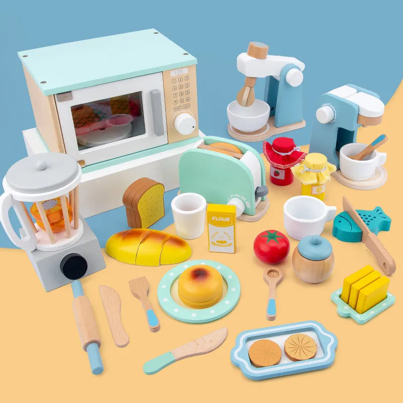 Wooden simulation play house set with blender, bread machine, coffee machine, juicer, and microwave oven in colour box