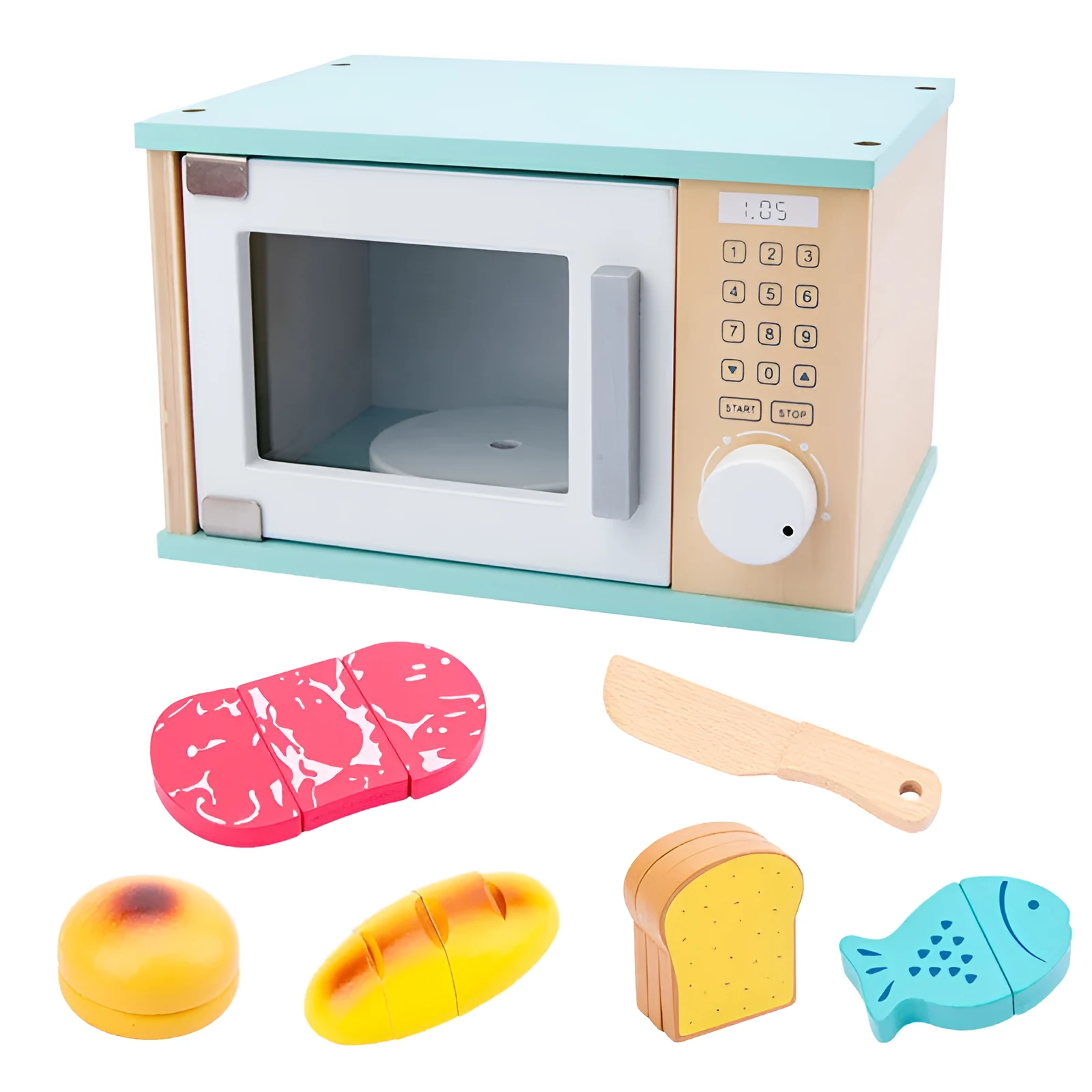 Wooden simulation play house set with blender, bread machine, coffee machine, juicer, and microwave oven in colour box
